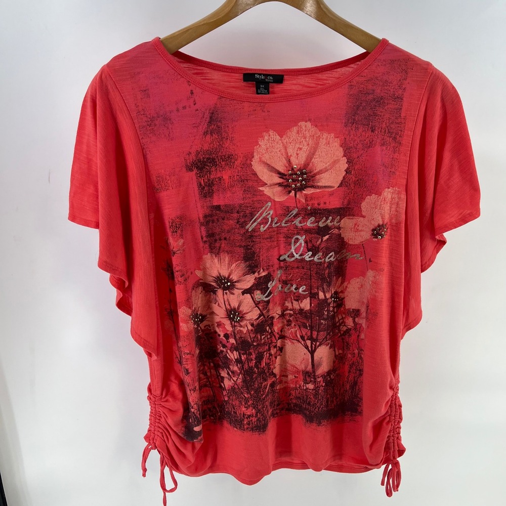 Style & Co Woman Plus Size 3X Coral Pink Floral Graphic Cinched Side Top Tee - Picture 8 of 10